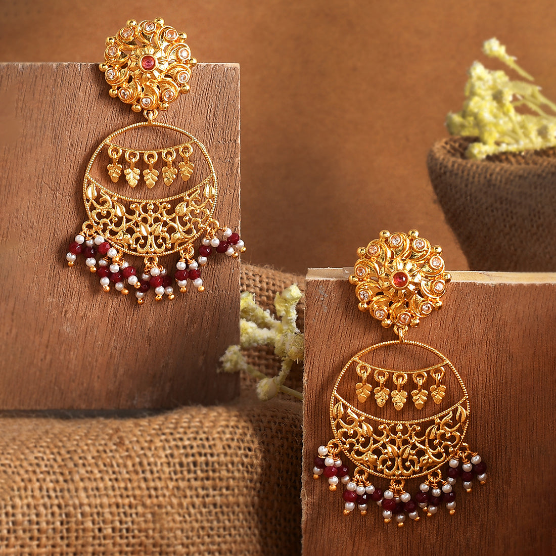 Voylla Oxidised Silver-Plated & Maroon Handcrafted Stone-Studded Circular  Drop Earrings - Absolutely Desi